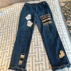 Boho Embellished Dark Blue Women's Denim Jeans 32x34 patchwork hand stitched